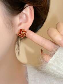 1 Pair Retro Elegant Geometric Circle Knot Minimalist Design Drop Earrings, Burgundy, Suitable For Women's Daily, Commute And Casual Wear - Burgundy - View 3