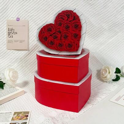 3pcs Red Rose Design Heart-Shaped Gift Box Set. Luxury Paper Red & White Heart Pattern Storage Box For Stationery, Toys, Jewelry, Accessories. Couple's Holiday, Birthday, Wedding, Proposal, Valentine's Day Decorative Gift Box