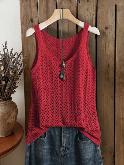 Women's Lightweight Breathable Solid Color Hollow Knit Sleeveless Top, Versatile For Sports, Fitness, Daily Wear, Summer Vacation, Casual, Unisex, Soft & Comfortable, Suitable For All Seasons, Christmas