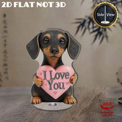 2D Acrylic Rotating Desktop Decor - Cute Dachshund Heart Detail "I Love You" Design, 360° Rotating Base, Valentine's Day/Anniversary Gift, Office Home Decor, Adorable Desktop Accessory, Exquisite Craftsmanship, Durable Decoration, Fun Style, Smooth Rotation, Creative Gift, 2D Flat