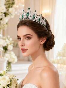 1pc European & American Fashion Queen Crown And Tiara Princess Crown, Suitable For Women And Girls, Crystal Headband, Suitable For Brides And Princesses, For Weddings And Parties, Crowns, Headpiece, Costume Crown, Hair Garland, Head Wreath - 4215 Silver Green - View 4