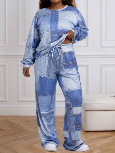 Plus Size Women Denim Patchwork Print Casual Tracksuit, Plus Size Long Sleeve Hoodie & Wide Leg Pants, Retro Denim Pattern Loose & Comfortable Outfits