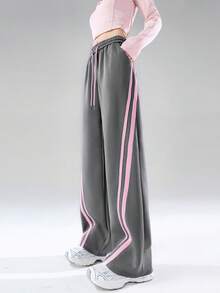 JUTU 灰粉色撞色复古高腰阔腿休闲裤，抽绳腰带，宽松显瘦，百搭长裤，适合春秋冬三季穿着。 - 1A71煙灰拼粉 - 查看 6