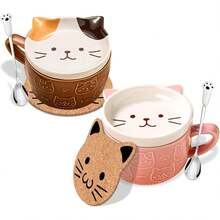 Regalo para mujer, taza linda de gato Kawaii, taza de té de cerámica rosa, taza de café con tapa, tazas de té y platillos, accesorios lindos y modernos, lindos regalos de gato para amantes de los - Rosa+Gato Marrón - Ver 2