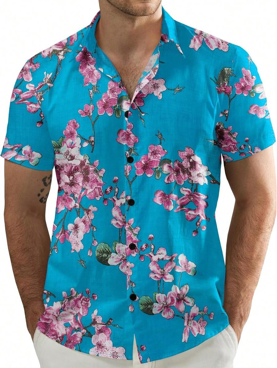 Men's Flower Casual Button Down Short Sleeve Hawaiian Shirt - Xanh Hồng - Xem 1