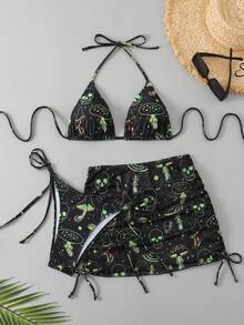 全身印花扭结露背系带比基尼套装，海滩度假 - 黑色 - 查看 1