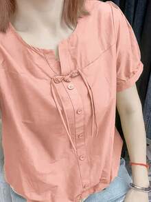 女士宽松休闲中国风纽扣衬衫，纯色夏季粉色 - 粉色 - 查看 7