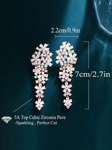 1 Pair Luxury Light Pink Cubic Zirconia Pave Flower Cluster Dangle Drop Long Earrings For Women, Wedding & Party Jewelry Accessories - Hồng - Xem 2