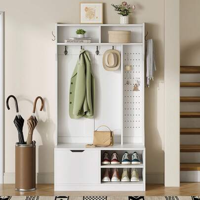 Wardrobe Set, Complete Entryway Wardrobe Set With Bench, 6 Hooks, 1 Door And 4 Open Storage Spaces, 100 * 185.5 * 40 Cm (W * H * D)