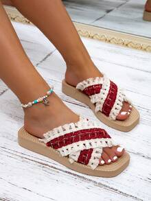 Damen 2025 Neue Mode Sommer/Frühling/Herbst Outdoor Tragen vielseitige sexy offene Zehenpartie flache Kreuzriemen leichte bequeme atmungsaktive rutschfeste Strand/Haus Pantoffeln - Rot - Übersicht 2