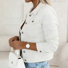 女士牛仔夹克，女士夹克，女士上衣，女士外套，弹力牛仔夹克，外衣，舒适休闲秋夏度假休闲帆布衫 - 奶油色 - 查看 2