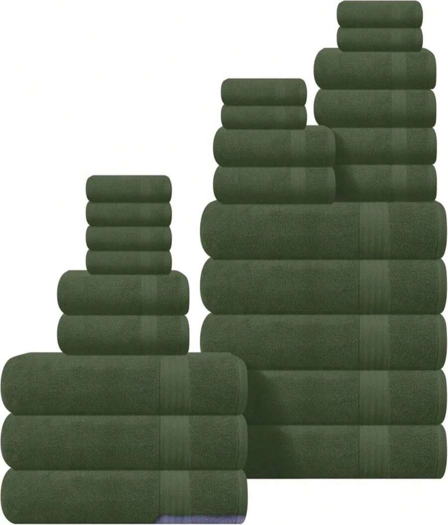 GLAMBURG Ultra Soft 24-Piece Towel Set - 100% Pure Ringspun Cotton, Contains 8 Oversized Bath Towels 27x54, 8 Hand Towels 16x28, 8 Wash Cloths 13x13 - Ideal For Everyday Use, Hotel &Amp; Spa - Olive Green - ColorN - 查看 1