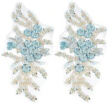 2Pcs 3D Floral Sequin Applique Embroidery Lace Flower Tulle Patches Polyester Sky Blue Beaded Embroidered Sew On Appliques For Sewing MaFKing Wedding Cloth Gown Costumes Embellishment Supply - 天藍 - 查看 1