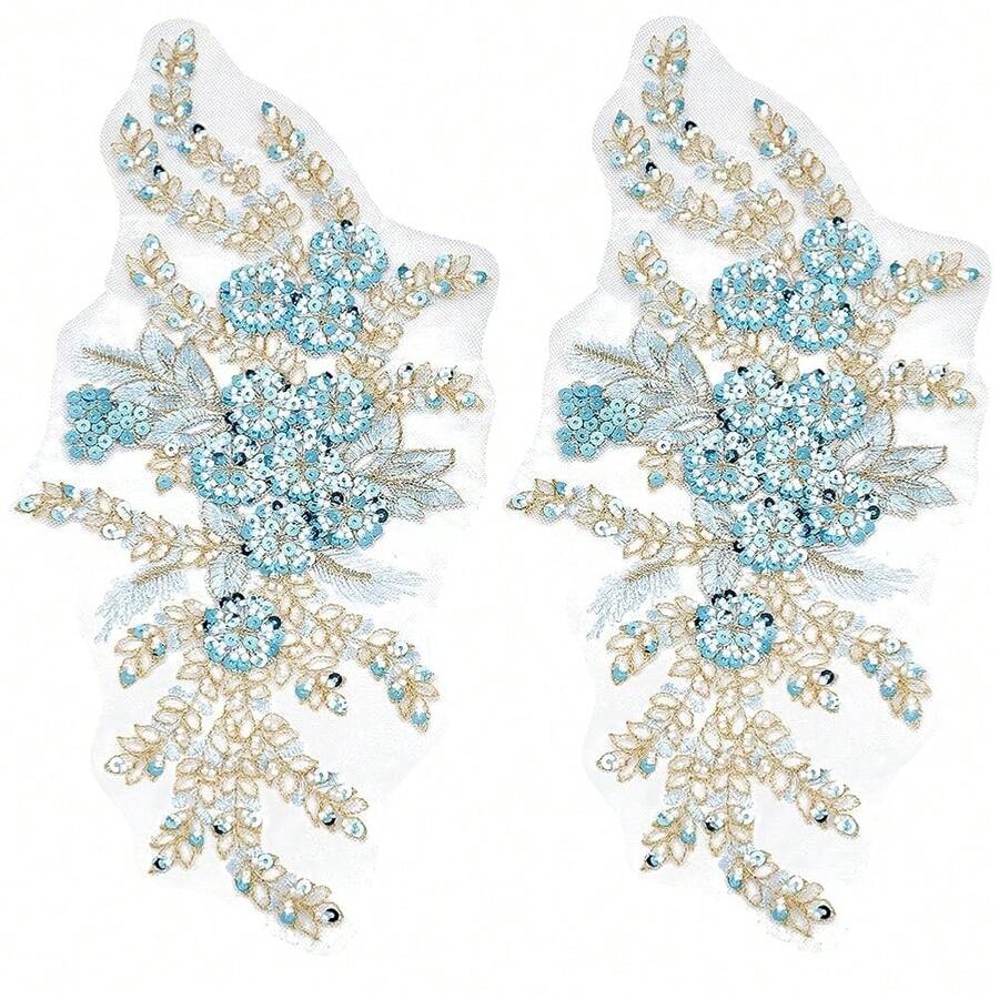 2Pcs 3D Floral Sequin Applique Embroidery Lace Flower Tulle Patches Polyester Sky Blue Beaded Embroidered Sew On Appliques For Sewing MaFKing Wedding Cloth Gown Costumes Embellishment Supply - 天藍 - 查看 1