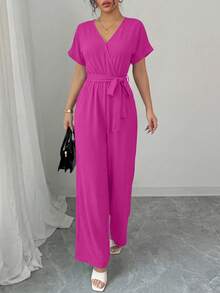 Women's Jumpsuit Casual Short Sleeve Wrap V Neck Belted Wide Leg Pants - Màu Hồng Tươi - Xem 3