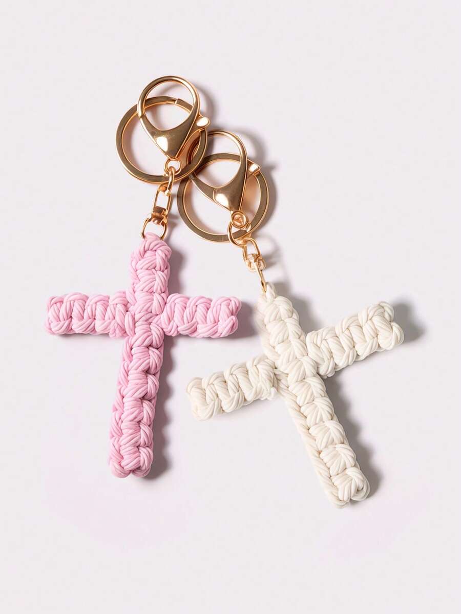 Makramee Kreuz Schlüsselanhänger, Jesus Schlüsselanhänger Christlicher Auto Schlüsselanhänger, Taschenanhänger Handgefertigt Gewebt Weiches Kreuz Schlüsselring Bohemischer Dekor Geeignet für Partygeschenke - Verschiedenfarbig - Übersicht 1