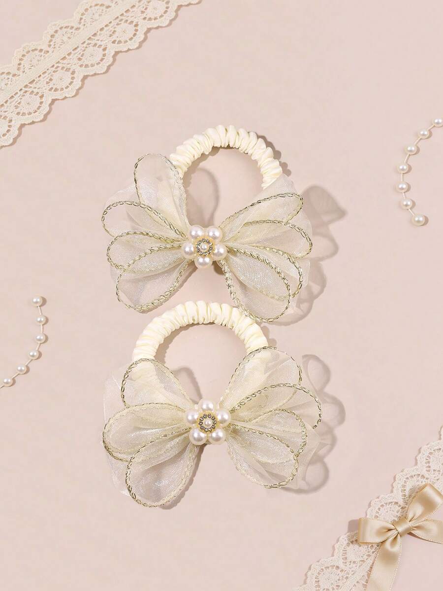 2个米色网纱发圈，女童珍珠水钻装饰发圈，亮面弹力发带，优雅发圈，派对日常节日马尾辫发圈，青少年发饰 - 米色 - 查看 1