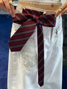 1pc Bright Red Handmade Necktie, Women's Fashion Headband, JK Uniform Tie, Striped Long Skinny Design, Suitable For Casual, Weekend Outing, Date, Campus, Street Photography And Other Occasions, Fashionable Multifunctional Accessory, Can Also Be Used As Sailor Uniform Accessory Or Christmas Decoration - Wine Red - View 7