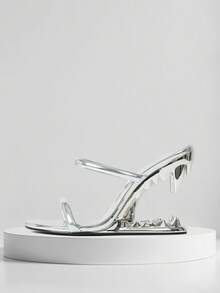 Eelegant Womens High Heeled Sandals Open Toe Wedges Slip On High Heel Metallic Shark Teeth Heels Slingback Slides Nightclub Party Outdoor Business Casual Office Wedding Dressy Comfy Concert Street Style Walking Fashionable Valentines Day Gifts Spring Summer Sandals For Women Silver Heels