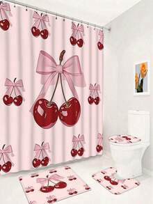 1/4pcs Pink Bow & Cherry Pattern Bathroom Curtain Set, Modern Style Home Decor Printed, Washable, Fashionable Theme, Suitable For All Seasons, Easy Installation - Includes 12 Hooks For Bathroom, Guest Room, Bedroom, Living Room - Multicolor - View 22