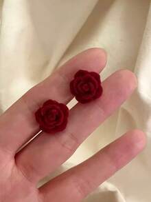 1 Pair Retro Elegant Rose Flower Flocked Stud Earrings, Suitable For Teenage Girls Everyday And Festivals - Flowers - View 4