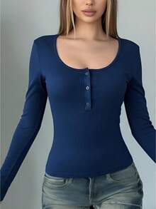 Women's Long Sleeve Henley Tops Fashion Square Neck Solid Color Casual Ribbed Slim Fit Upper Button Down Basic Tees Shirts Streetwear - Navy Blue - View 1