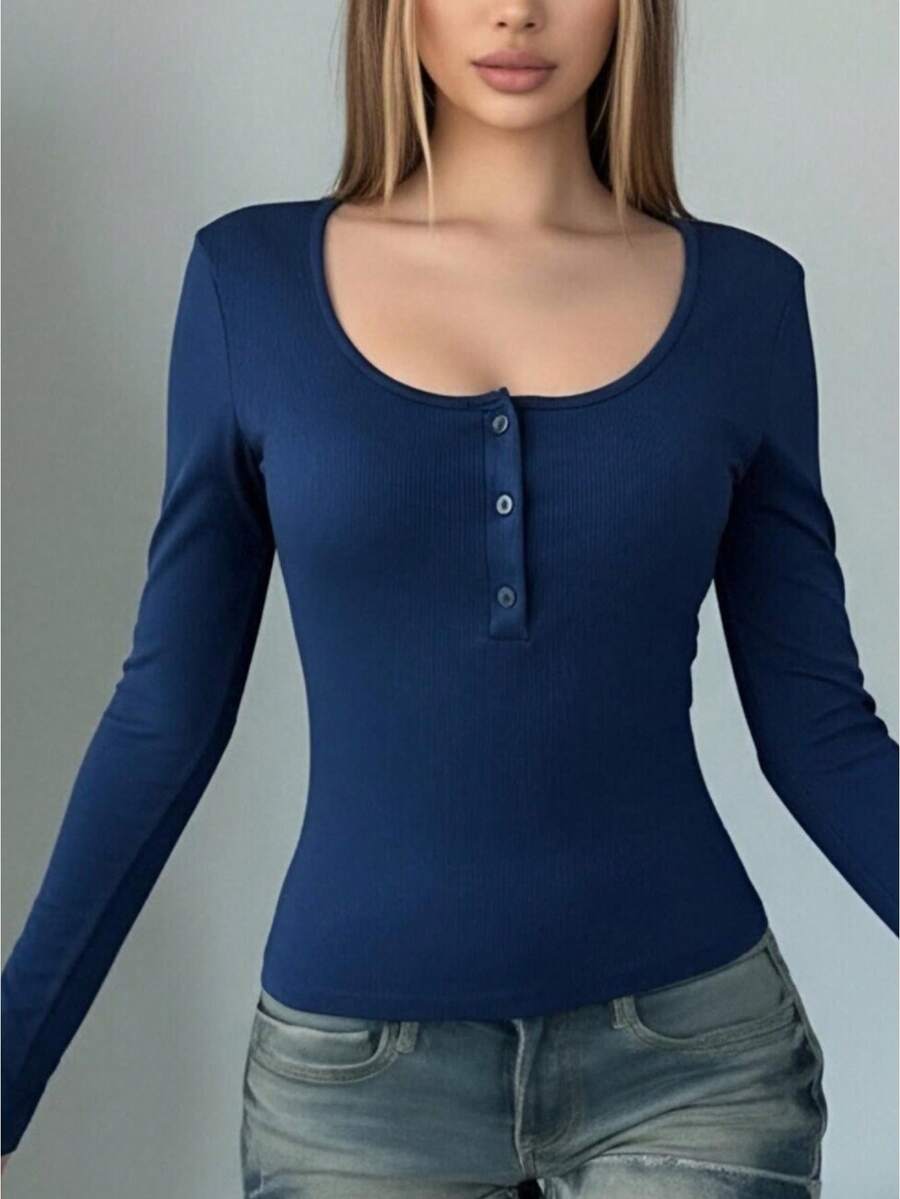 Women's Long Sleeve Henley Tops Fashion Square Neck Solid Color Casual Ribbed Slim Fit Upper Button Down Basic Tees Shirts Streetwear - Navy Blue - View 1