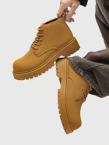 时尚高帮男士靴，厚底防滑，复古休闲风，大码男士踝靴，冬季户外 - 卡其色 - 查看 6