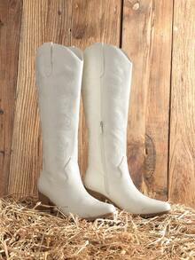 Womens Cowboy Boots Western Comfortable Chunky Heel Square Toe Fashionable Vintage Embroidered Cowgirl Knee High Boots - trắng - Xem 4