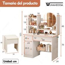 Tocador para dormitorio, estilo minimalista moderno, con espejo, 2 cajones, 3 armarios de almacenaje y estantes, adecuado para dormitorio, salón y vestidor - Blanco - Ver 5