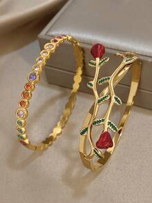 优雅玫瑰锆石手链，女士金色可叠戴手镯，不锈钢手链，圣诞派对首饰套装礼品 - 彩色 - 查看 11