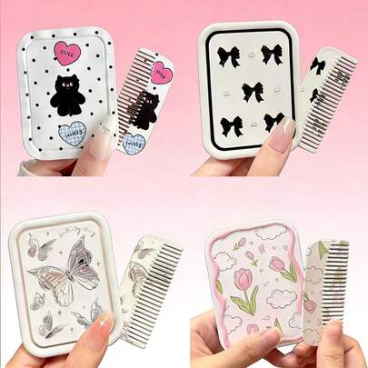 1件装可折叠化妆镜梳套装，新款可爱卡通电镀银蝴蝶、波点、爱心、字母、猫咪、蝴蝶结、珍珠、星星、郁金香、云朵图案折叠旅行镜带梳子，便携式化妆工具，二合一美发镜梳，适合旅行、宿舍、居家使用，可作为礼物送给朋友、家人、女朋友，情人节、母亲节礼物。