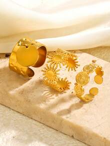 Kryxie 3pcs 18K Gold Plated Stainless Steel Elegant Geometric Coin & Sun Shaped Ring Set, Versatile Fashion Vintage Style Suitable For Women - Multicolor - View 4