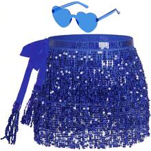 Sequin Belly Dance Scarf Tassel Wrap Sparkly Fringe Skirt With Pair Heart Party Rave Costume Women - Royal Blue - View 1