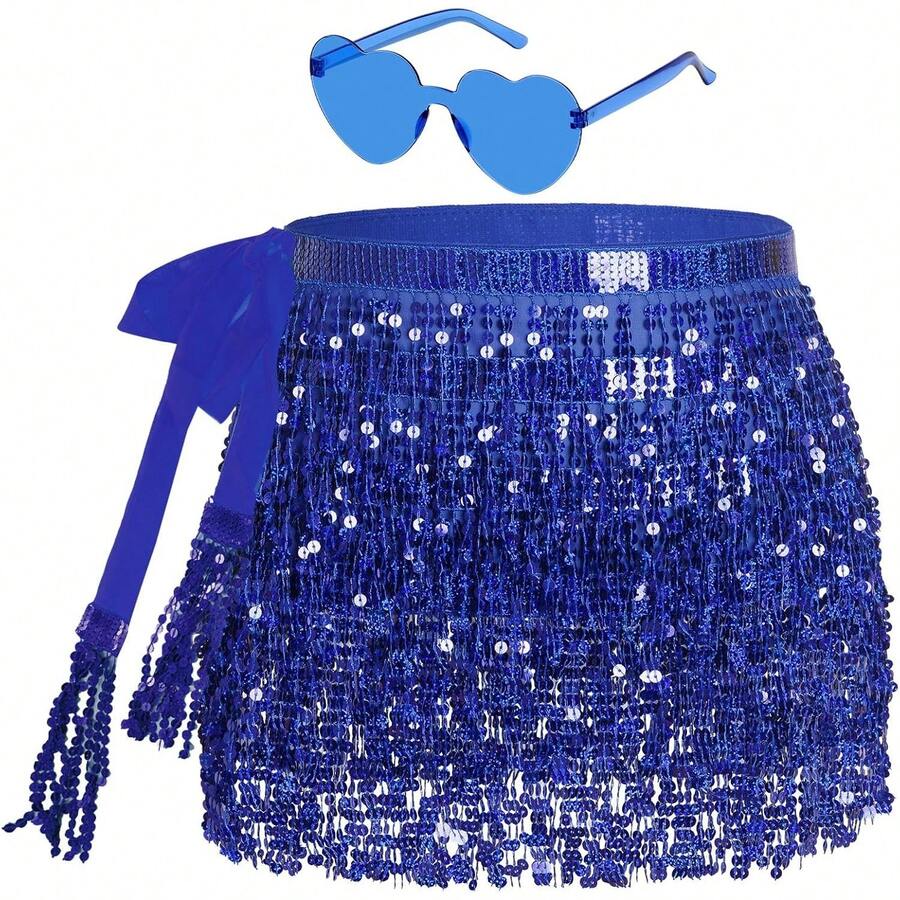 Sequin Belly Dance Scarf Tassel Wrap Sparkly Fringe Skirt With Pair Heart Party Rave Costume Women - Royal Blue - View 1