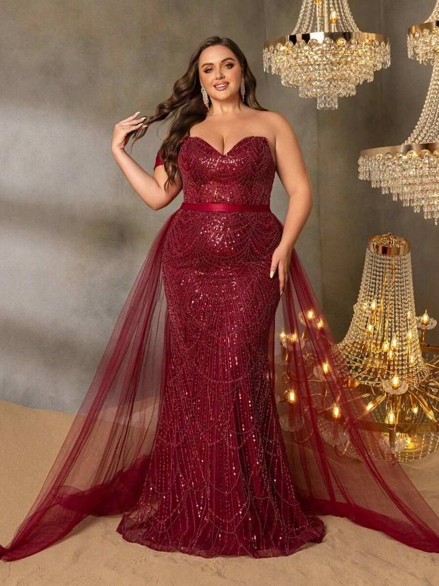 Faeriesty Women's Glamorous Plus-Size Off-The-Shoulder Evening Gown With Sparkling Sequin Embellished – Perfect For Galas, Receptions, Balls, Ceremonies - Burgundy - View 1