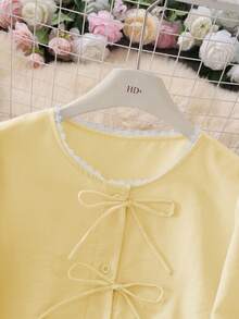 女士甜美蝴蝶结圆领七分袖高腰刺绣拼接上衣，夏季上衣 - 淡黃色 - 查看 4