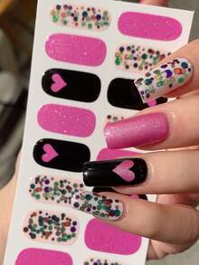 5张全包式指甲油贴纸，闪亮爱心法式美甲情人节自粘指甲贴条，适合女性和女孩，DIY美甲套装，美甲用品 - 彩色 - 查看 8
