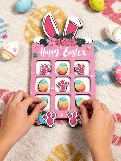 1 Set Easter Theme Colorful Tic Tac Toe Wooden Board Game, Size 8.4*4.5 Inches, Includes Colorful Egg & Bunny Footprint Game Pieces, Ideal For Easter Party Games, Easter Basket Fillers, Home Decor, And Birthday Gifts