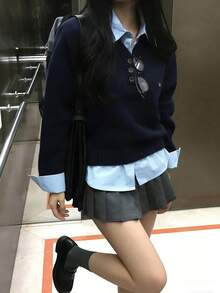 Autumn/Winter Sweater Design Layered Long Sleeve Knit Sweater - Navy Blue - View 9