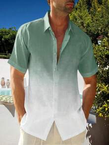 Runcati Mens Gradient Linen Shirts Casual Button Down Short Sleeve Beach Summer Shirts - 軍綠色 - 查看 2