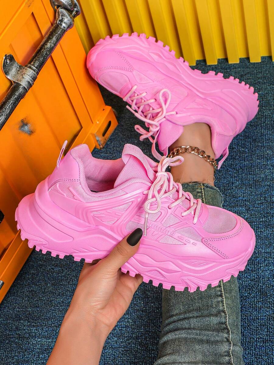 Elegant And Fashionable Women's Thick-Soled Sneakers, Solid Pink Color, Low-Top Lace-Up, No Prints, Suitable For All Seasons, Versatile And Stylish, Ideal For Daily Wear, Commuting, Travel And Vacation. Minimalist Unisex Shoes, Perfect As A New Year Gift.
