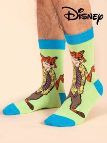 2/1 Pair Disney Zootopia Pattern Men's Crew Socks, Cute Cartoon Unique Disney Men's Socks With Nick Wilde Design, Odor-Resistant Breathable Casual Versatile Sports Crew Socks With Cartoon Pattern, Suitable For Students/Adults As Gifts And Daily Use, Couple Matching