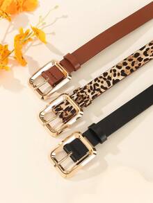 3条金色方形扣女士PU皮腰带，时尚优雅百搭，可搭配T恤、连衣裙、西装、日常穿着