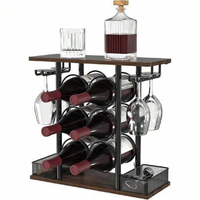 Wine Rack, Sturdy Wine Rack, 3 Animals Wooden And Metal Easy To Assemble For 6 Bottles And 4 Glasses For Home, 6.29" D X 16.14" W X 15.82"H,39691500