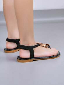 1 Pair Girls Flat Sandals, 2026 New Bohemian Style Simple Thong Sandals, Quick-Drying Beach Sandals For Daily & School Wear - Black - View 7