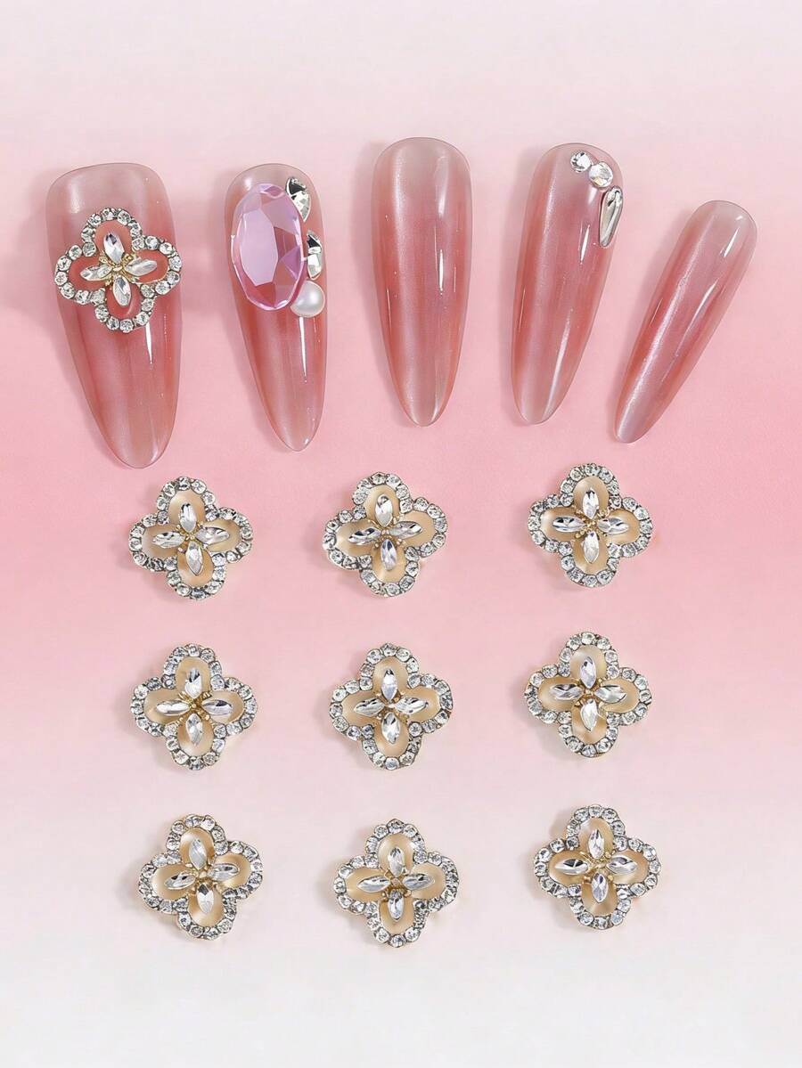 10pcs Gold & Silver Y2K Style Rhinestone Nail Art Decorations, Luxury Japanese Alloy Nail Diamonds, 3D Lightweight Full Diamond Inlaid DIY Nails, Cute Nail Art Accessories, Nail Supplies, Nail Gems - Multicolor - View 1