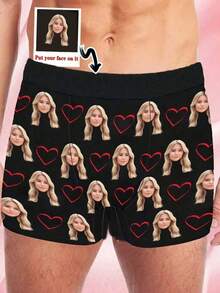 定制人脸印花男士三角裤，个性化内裤，防卷边短裤，可定制照片印花男士平角内裤，定制人脸内裤，个性化男士内裤，可定制照片三角裤，送给男友/老公的理想礼物，男士定制礼物，冬季，个性化礼物，周年纪念，节日 - 黑色 - 查看 1
