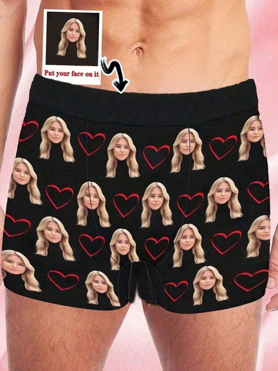 定制人脸印花男士三角裤，个性化内裤，防卷边短裤，可定制照片印花男士平角内裤，定制人脸内裤，个性化男士内裤，可定制照片三角裤，送给男友/老公的理想礼物，男士定制礼物，冬季，个性化礼物，周年纪念，节日 - 黑色 - 查看 1