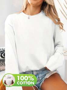 女士100%纯棉黑色长袖休闲圆领T恤 - 白色 - 查看 4